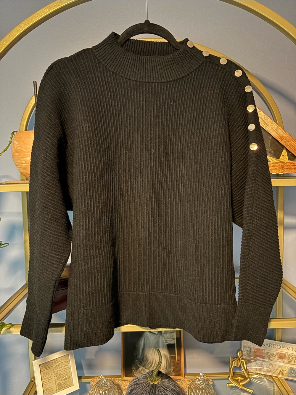 Tahari Black Ribbed Turtleneck Sweater with Shoulder Buttons